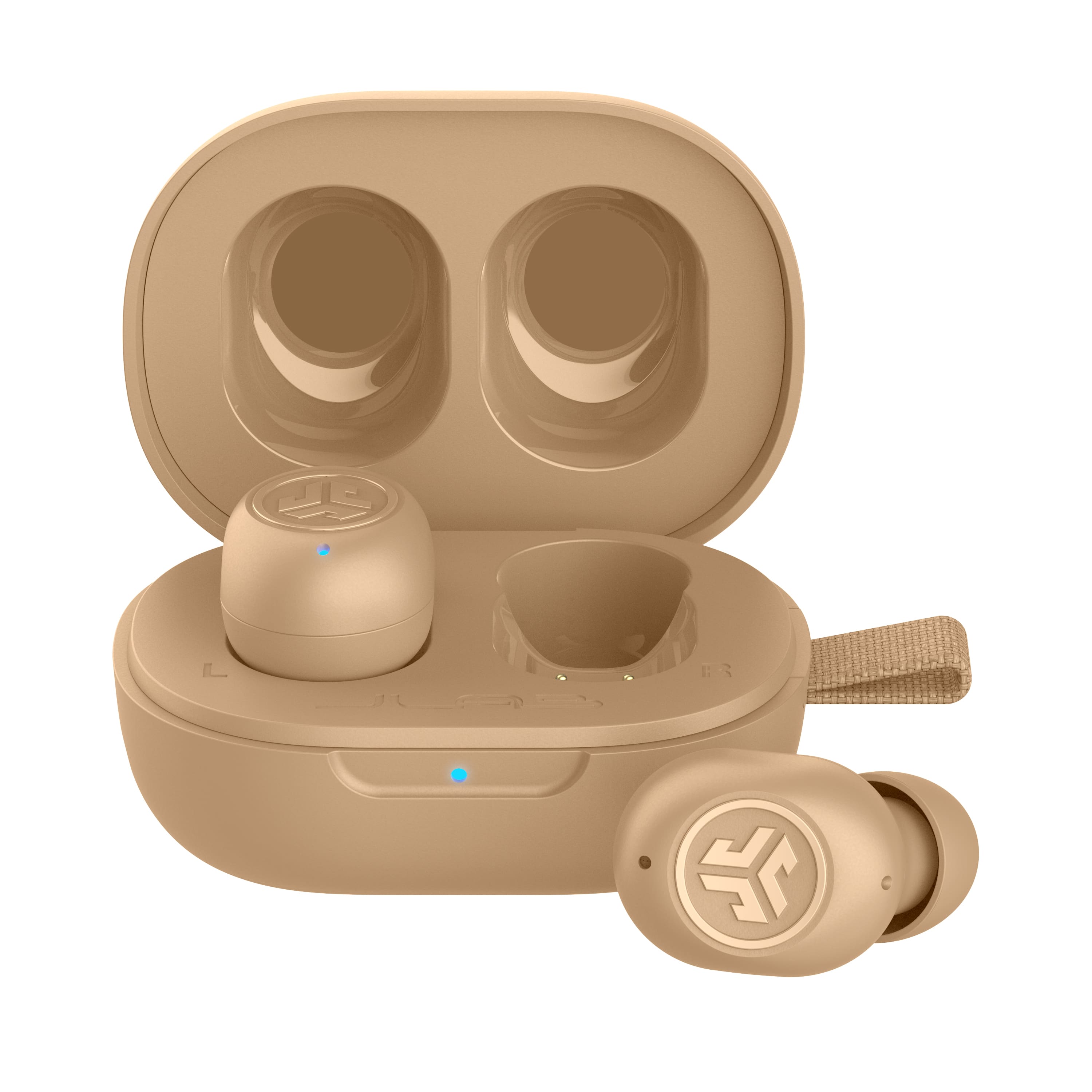 JLab JBuds Mini earbuds in a compact charging case on a table