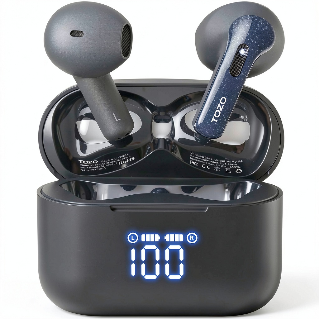 TOZO T21 wireless earbuds in charging case with LED display